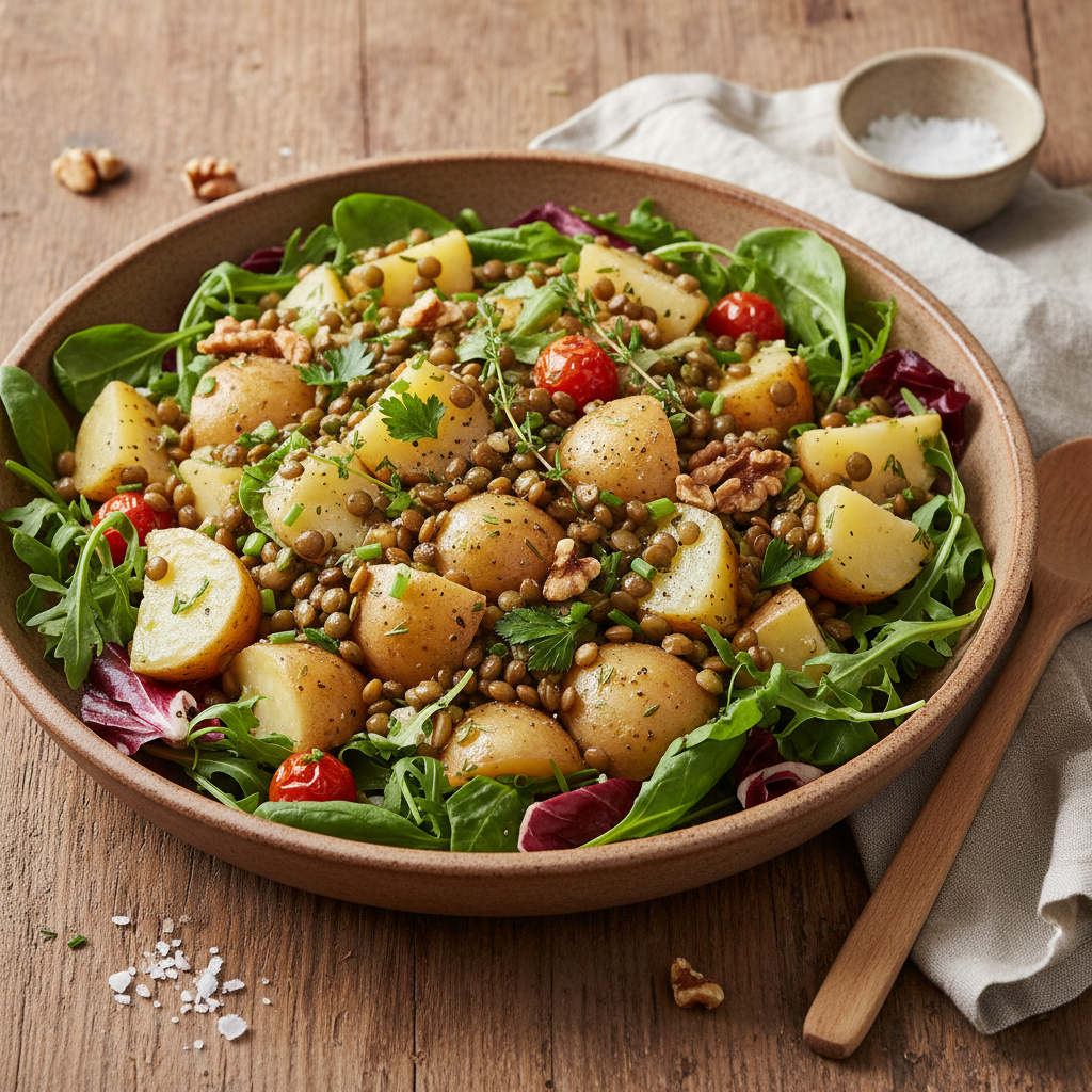 Salade tiède aux pommes de terre et lentilles