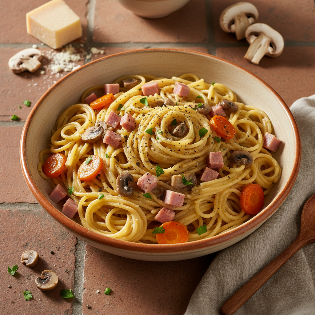 Pâtes à la carbonara simplifiée avec carottes et champignons