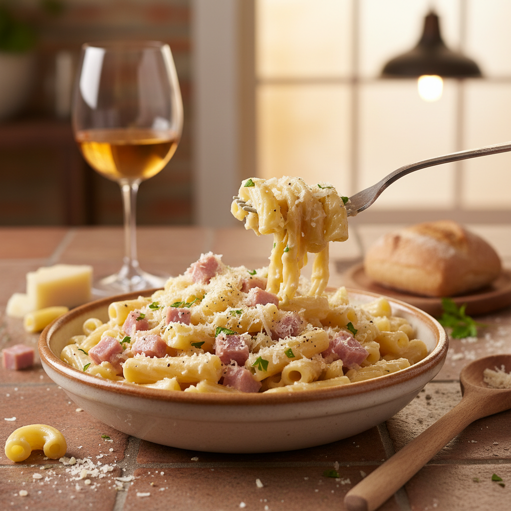 Pâtes à la carbonara revisitée (jambon et fromage)