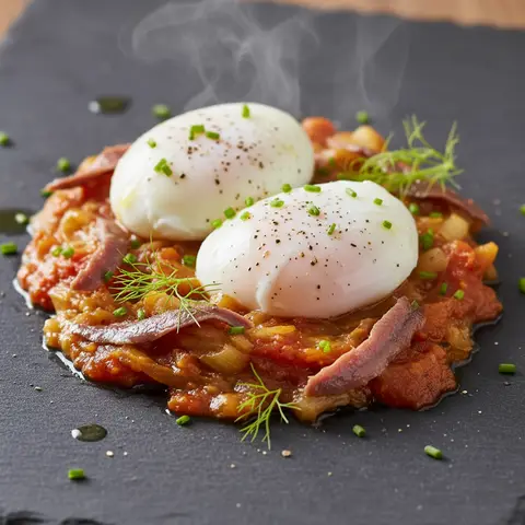Pochierte Eier auf Fenchel-Anchovis-Gemüse