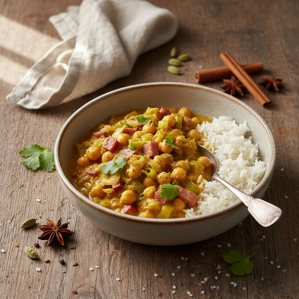 Curry de Poireaux et Jambon aux Pois Chiches