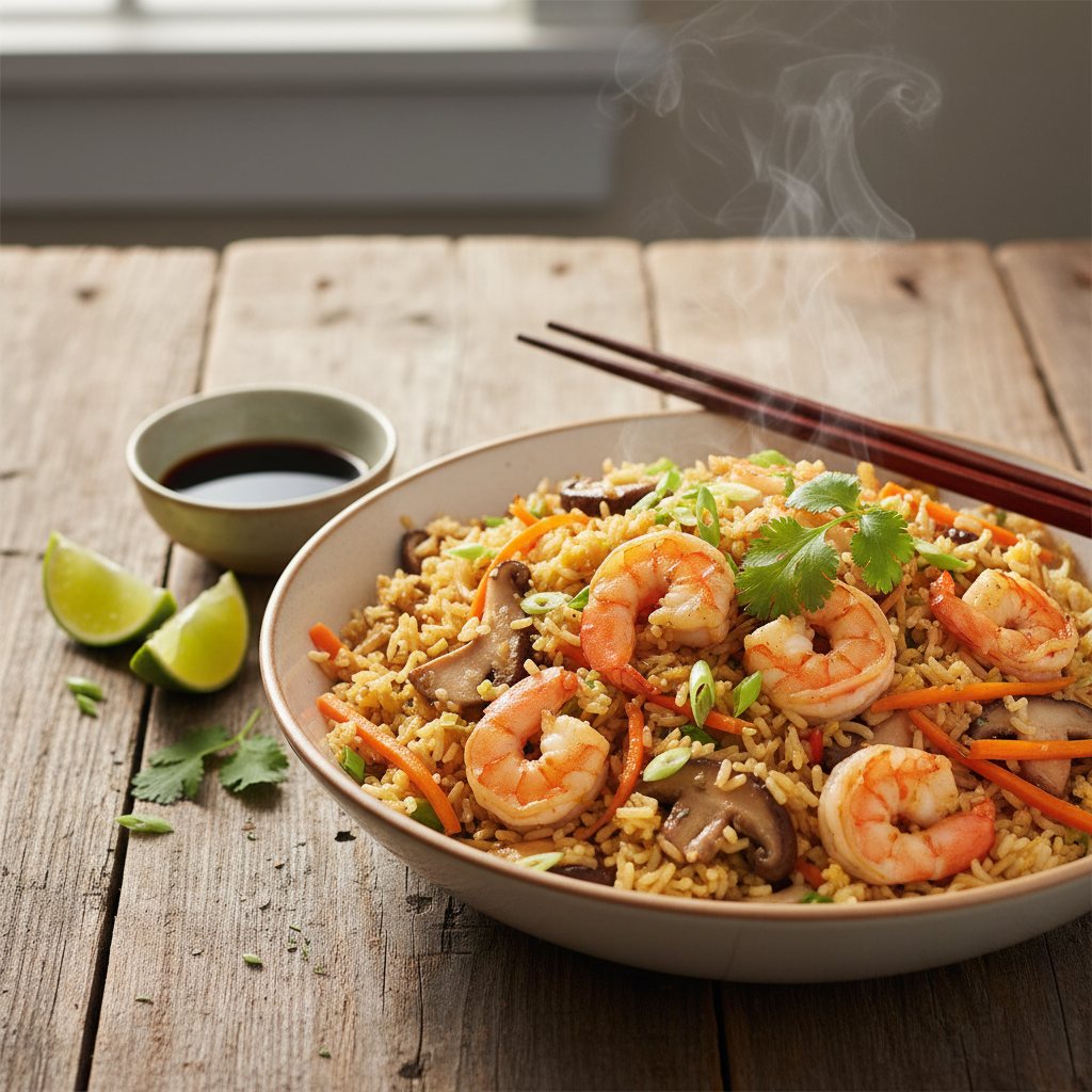 Riz sauté aux crevettes et légumes