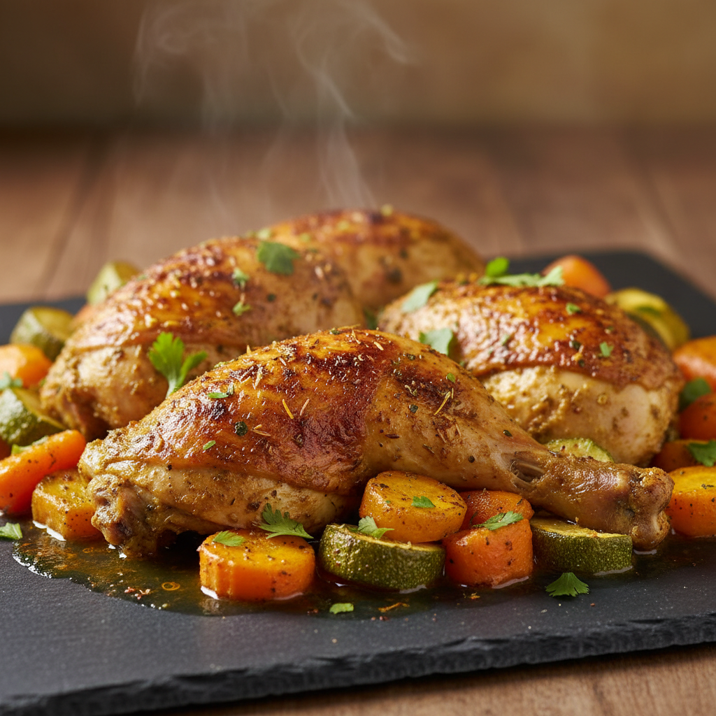 Poulet chermoula, carottes et courgettes rôties