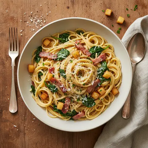 Carbonara-Nudeln mit Spinat und karamellisierten Äpfeln