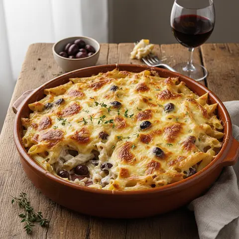 Nudelauflauf mit Oliven und Gruyère