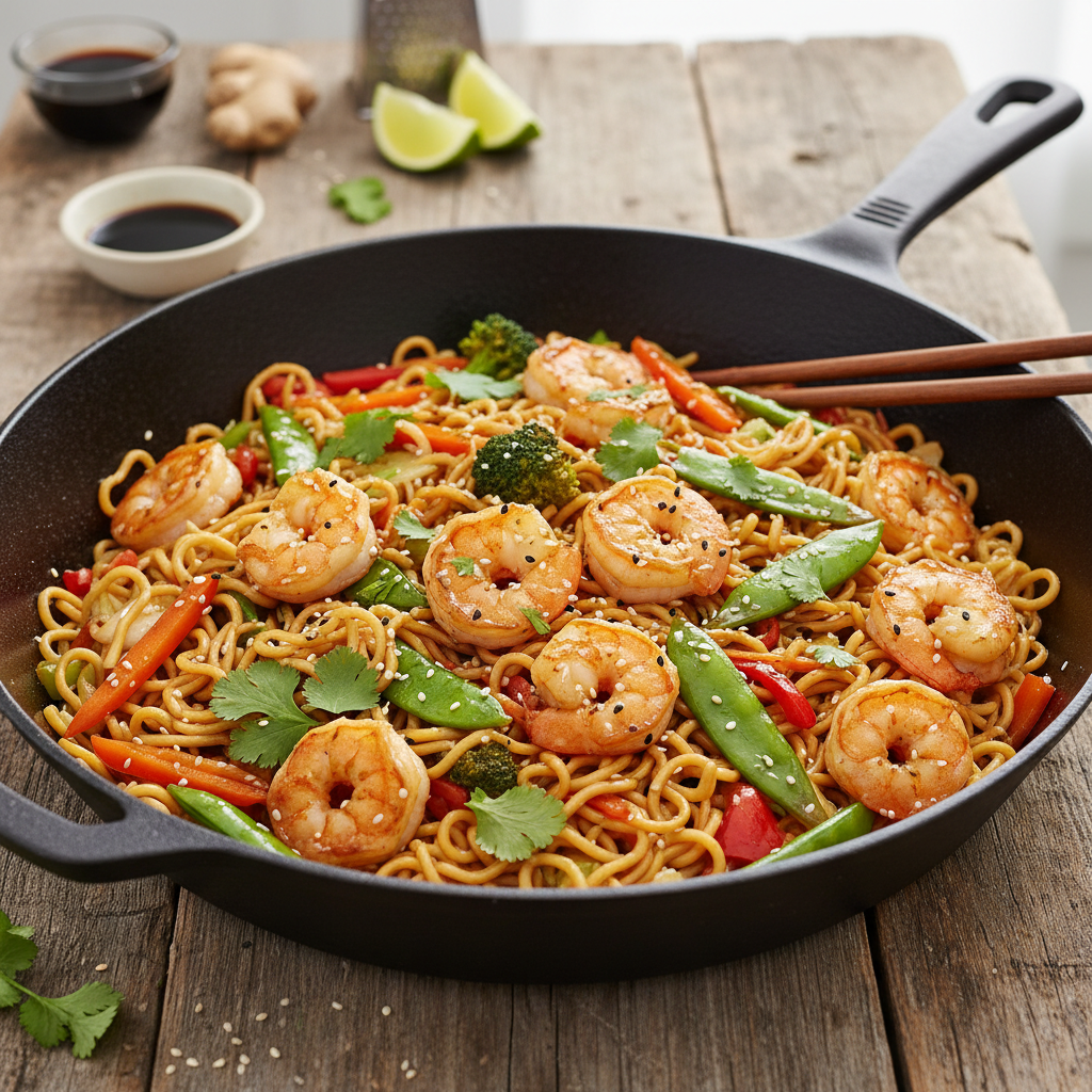 Wok de Crevettes et Nouilles Sautées à l'Asiatique