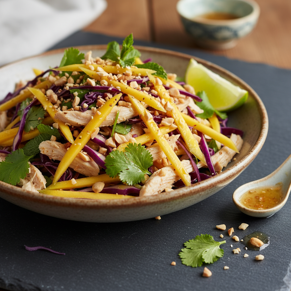 Salade thaï au poulet, mangue et cacahuètes