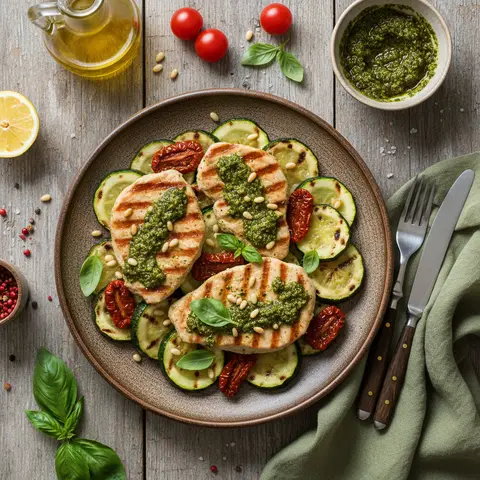 Putenbrust mit Pesto, gegrilltem Zucchini und getrockneten Tomaten