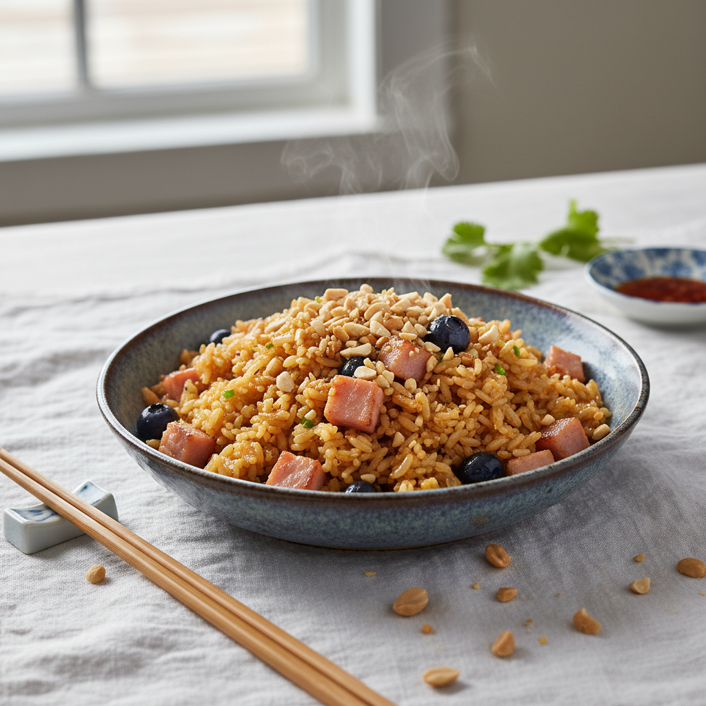 Riz Sauté Asiatique Jambon-Myrtilles avec Cacahuètes