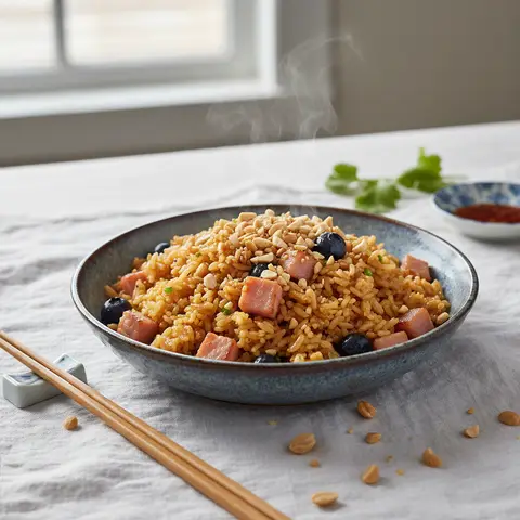 Asian-Style Fried Rice with Ham, Blueberries, and Peanuts