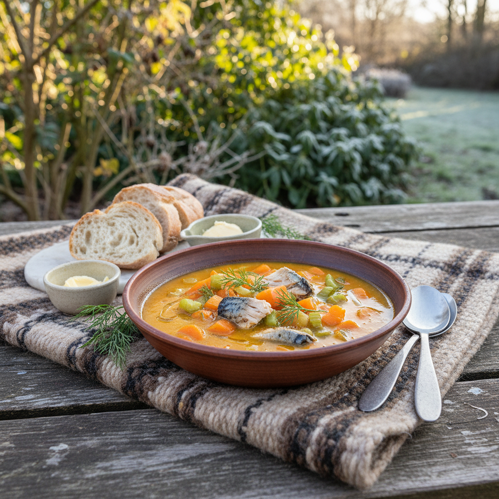 Soupe de carottes et céleri au maquereau