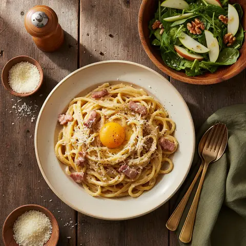 Simple Homemade Pasta Carbonara with Fresh Salad
