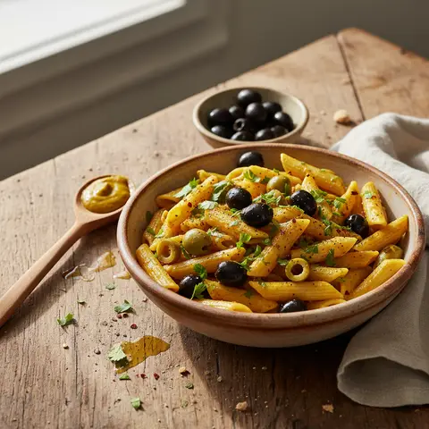 Penne mit Oliven und Curry
