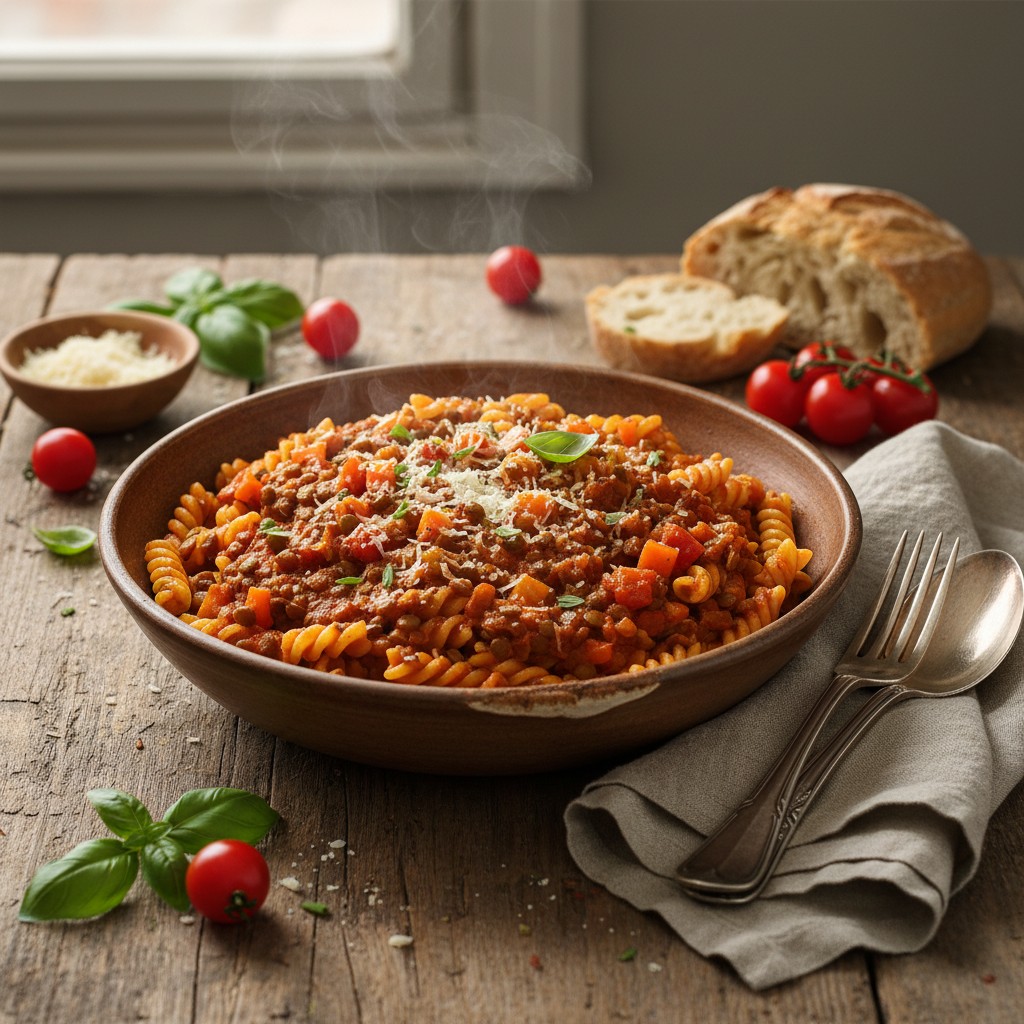 Pâtes aux lentilles, carottes et tomates