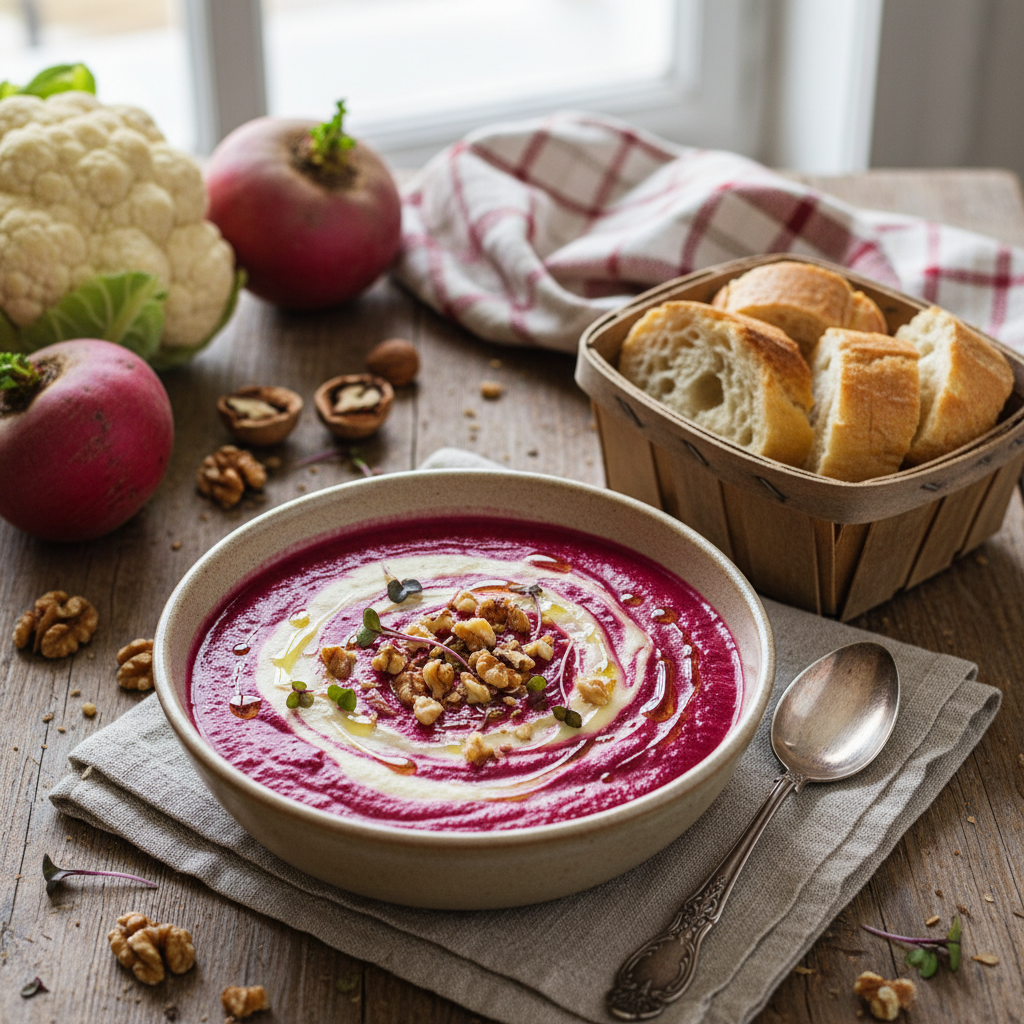 Velouté de Chou-fleur et Betterave aux Noix