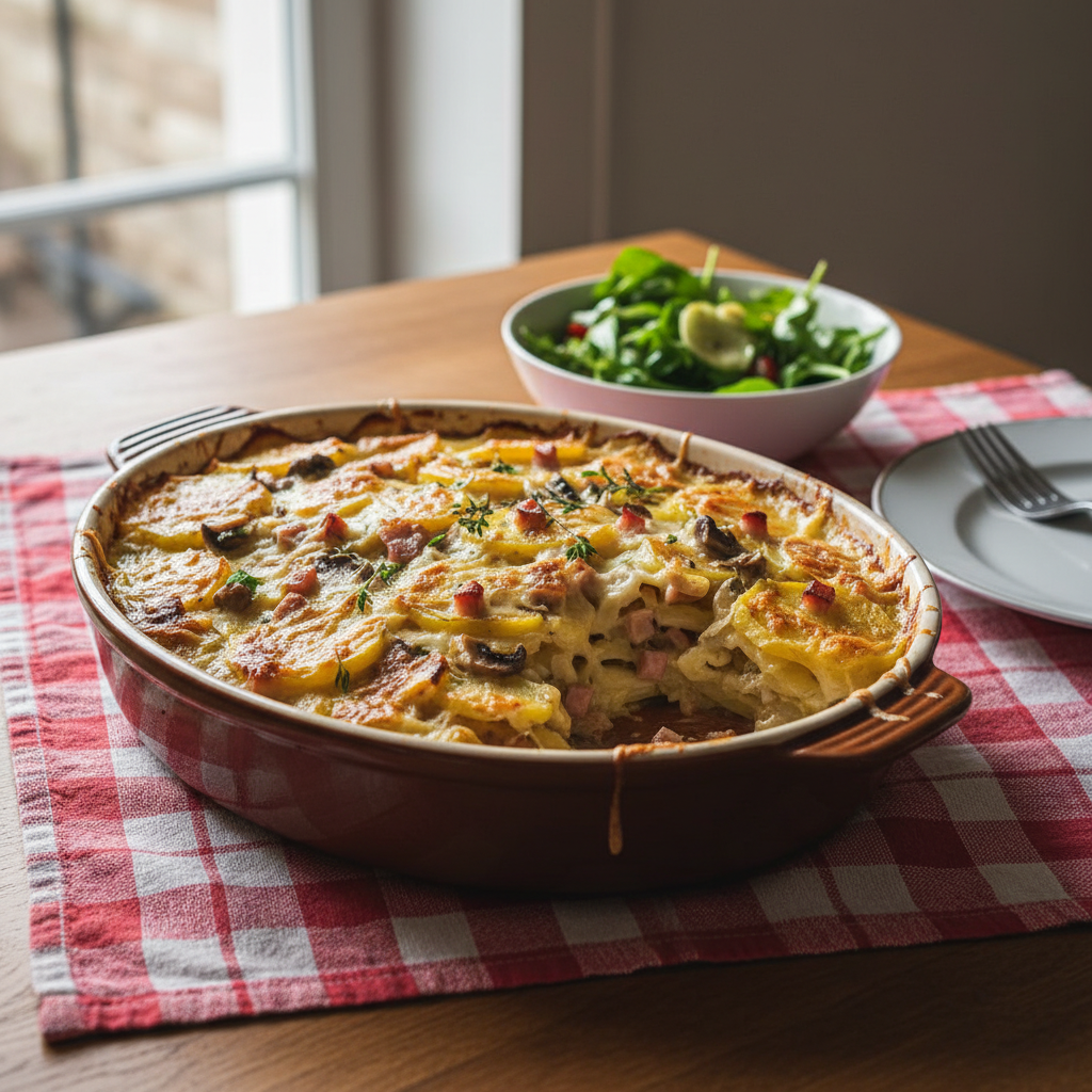 Gratin de pommes de terre au jambon et champignons