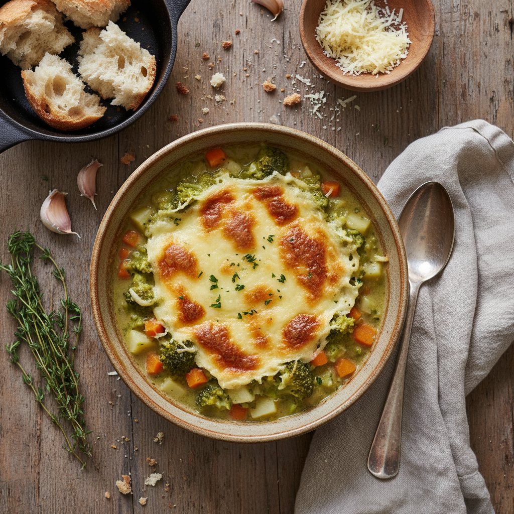 Soupe gratinée brocoli, carotte et pomme de terre