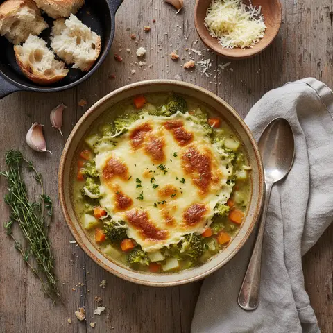 Broccoli, Carrot and Potato Soup with Cheese Topping