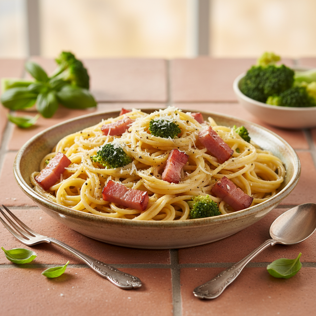 Pâtes à la carbonara revisitée avec jambon et brocoli