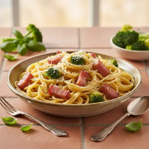 Carbonara Pasta with Ham and Broccoli