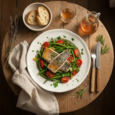 Pan-Seared Pollock with Green Beans and Tomatoes