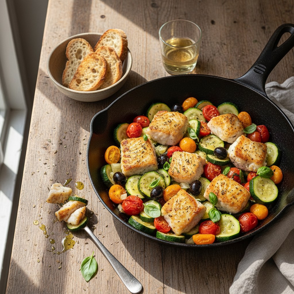 Wok de cabillaud aux courgettes et olives à la méditerranéenne