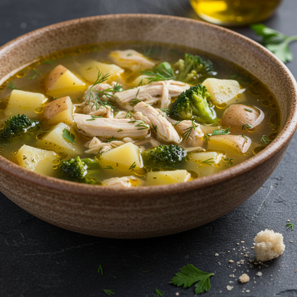 Soupe chaude poulet, pomme de terre et brocoli