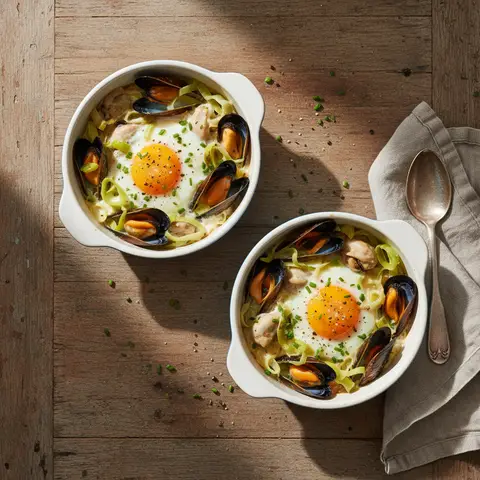 Œufs cocotte aux moules et poireaux