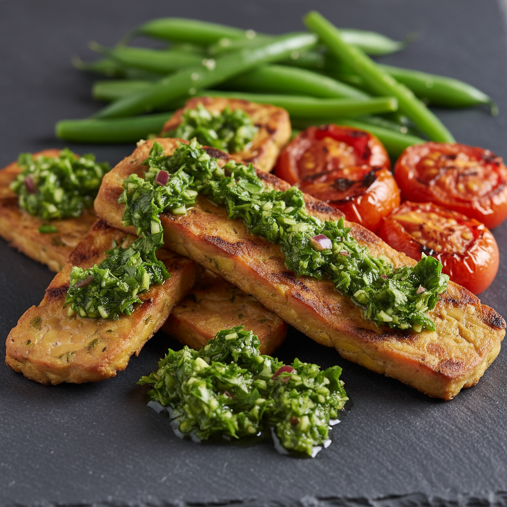 Tempeh grillé chimichurri et tomates confites