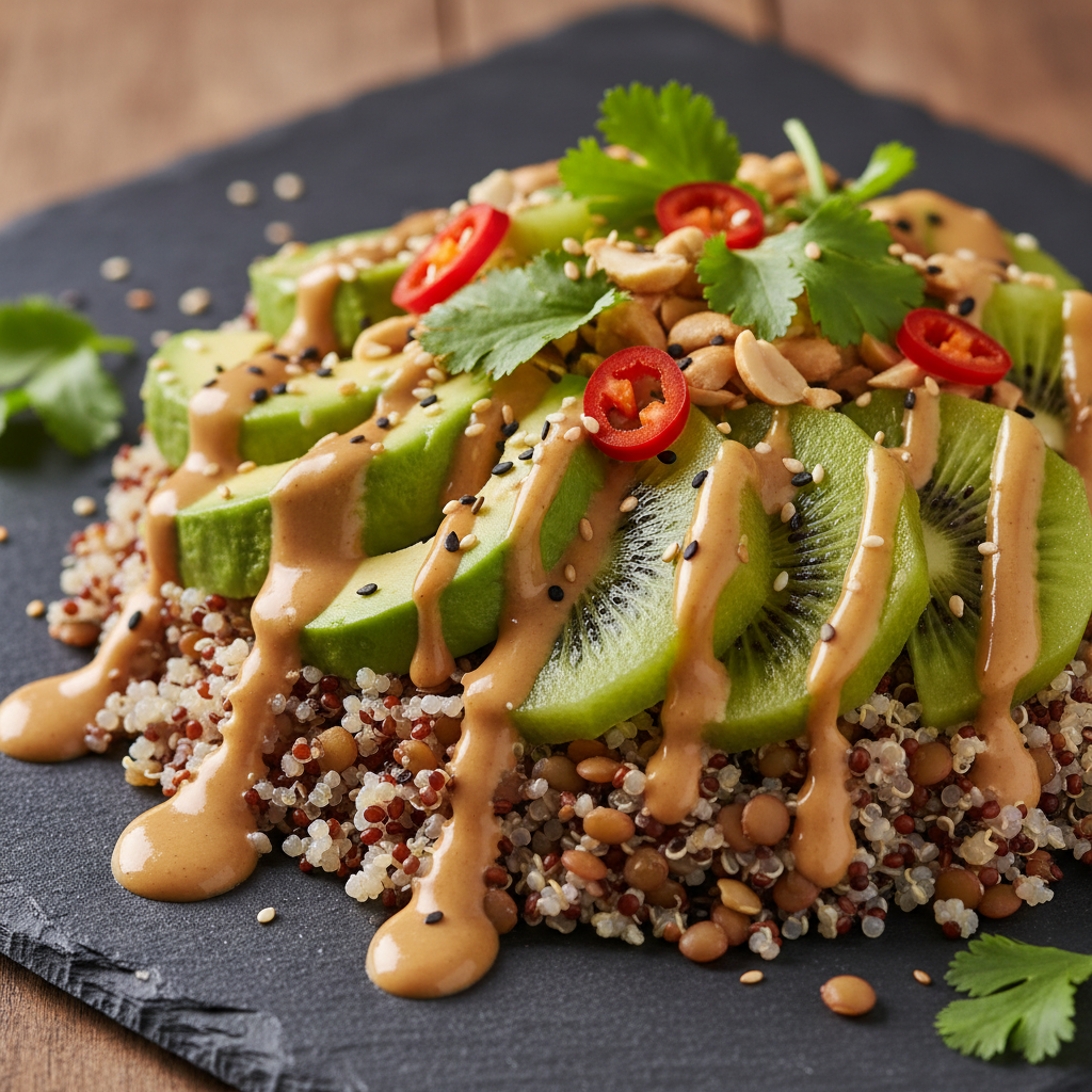 Bowl Asiatique Quinoa-Avocado-Kiwi avec Sauce Cacahuète