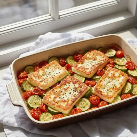 Roasted Halloumi with Zucchini and Cherry Tomatoes