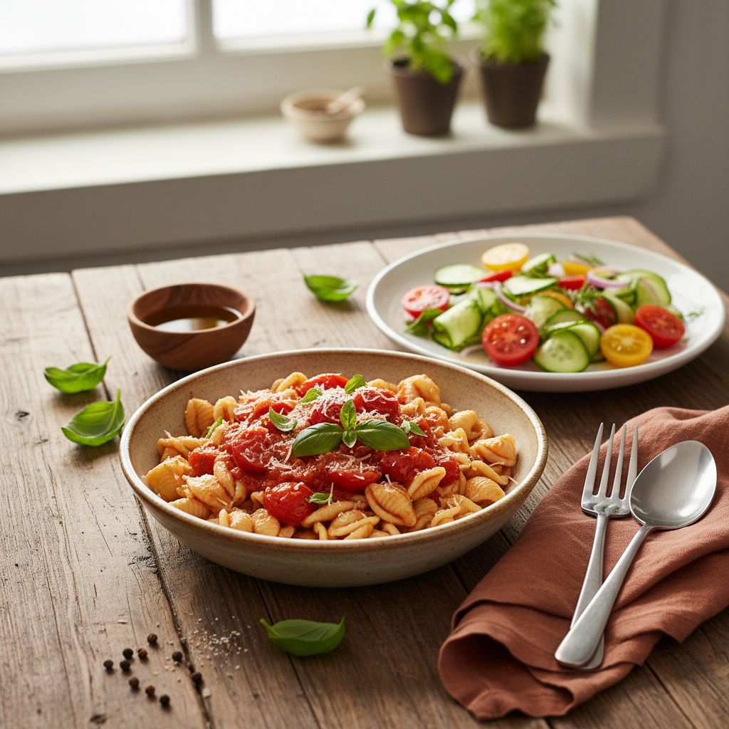 Pâtes à la Tomate et Salade Fraîche