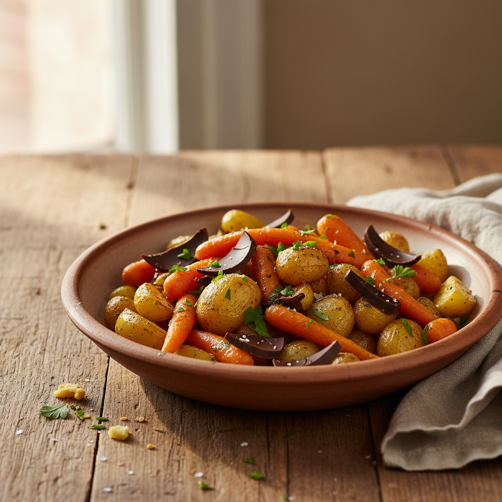 Salade Chaude de Carottes, Pommes de Terre et Chocolat Noir