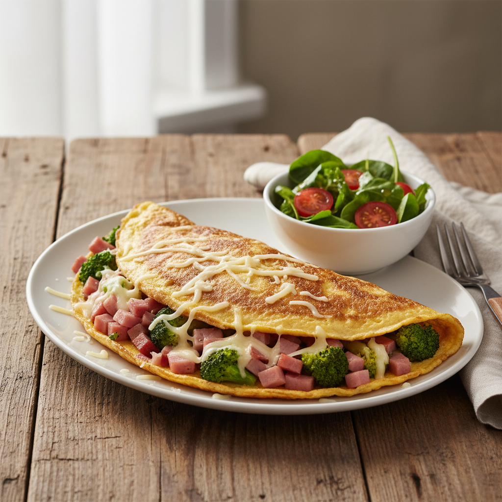 Omelette jambon, fromage et brocoli
