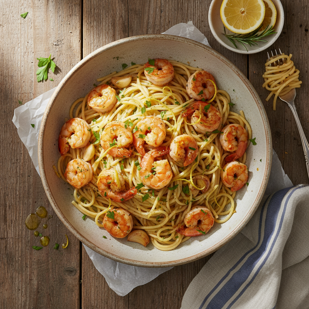 Crevettes à l'Ail et Citron sur Pâtes