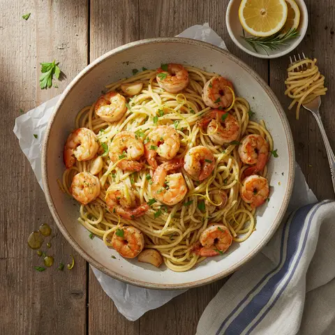 Garnelen mit Knoblauch und Zitrone auf Pasta