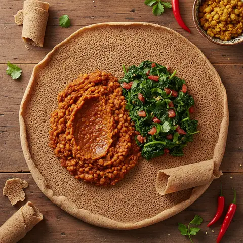 Injera mit Roten Linsen und Spinat
