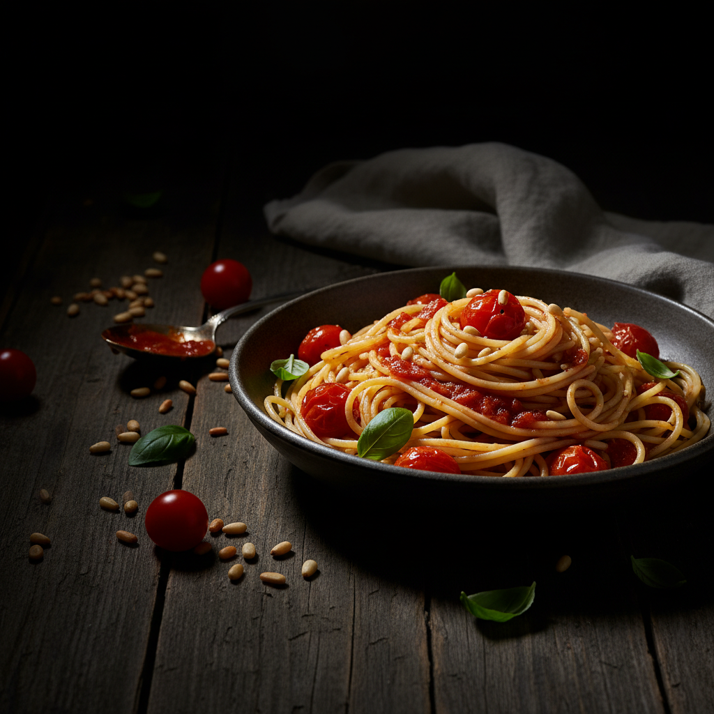 Spaghettis aux Tomates et Pignons