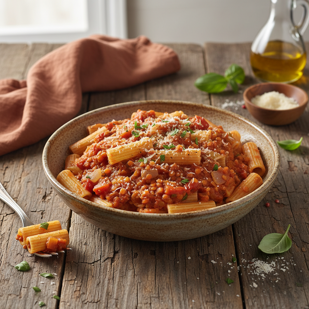 Pâtes à la sauce lentille-tomate (italienne)