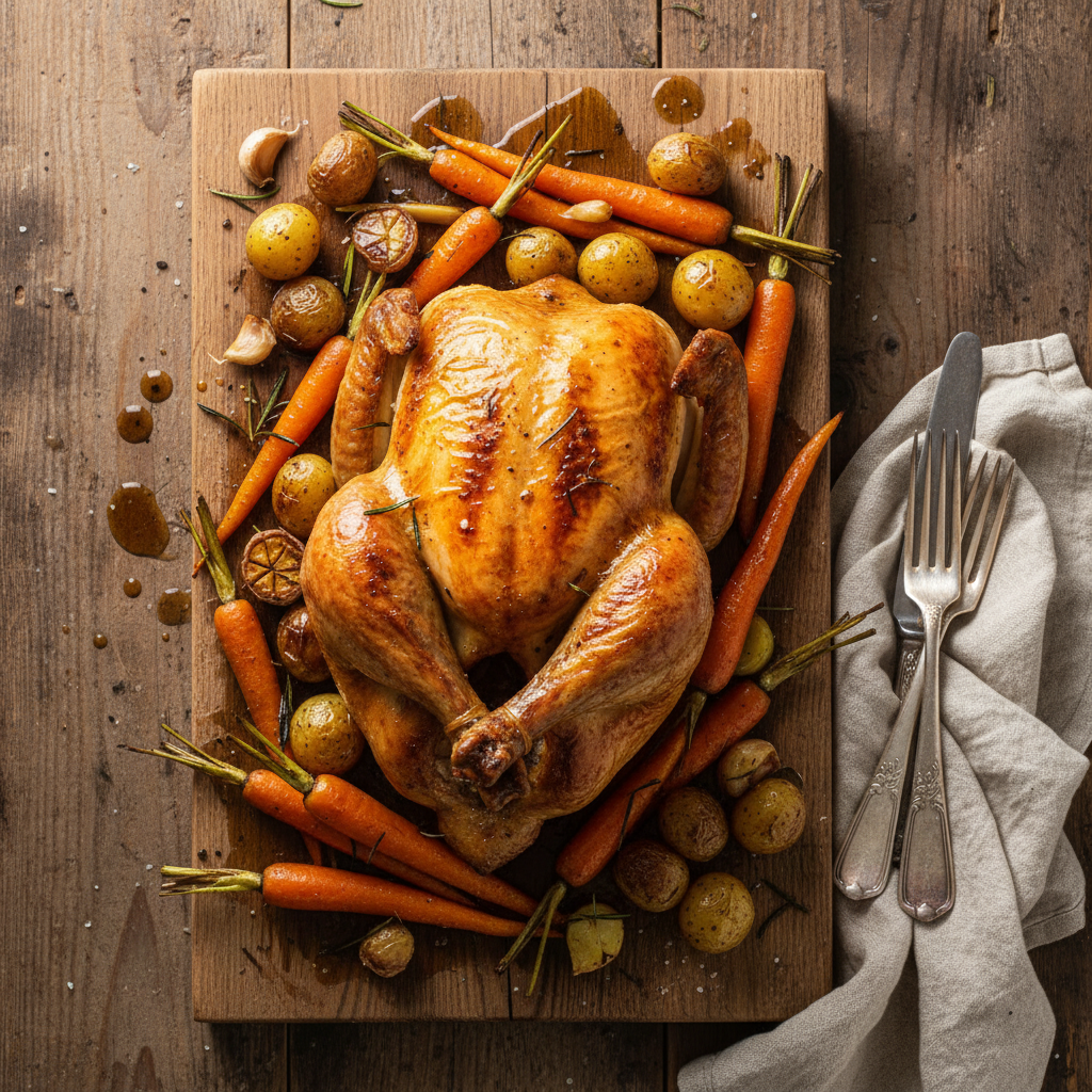 Poulet rôti aux carottes et pommes de terre
