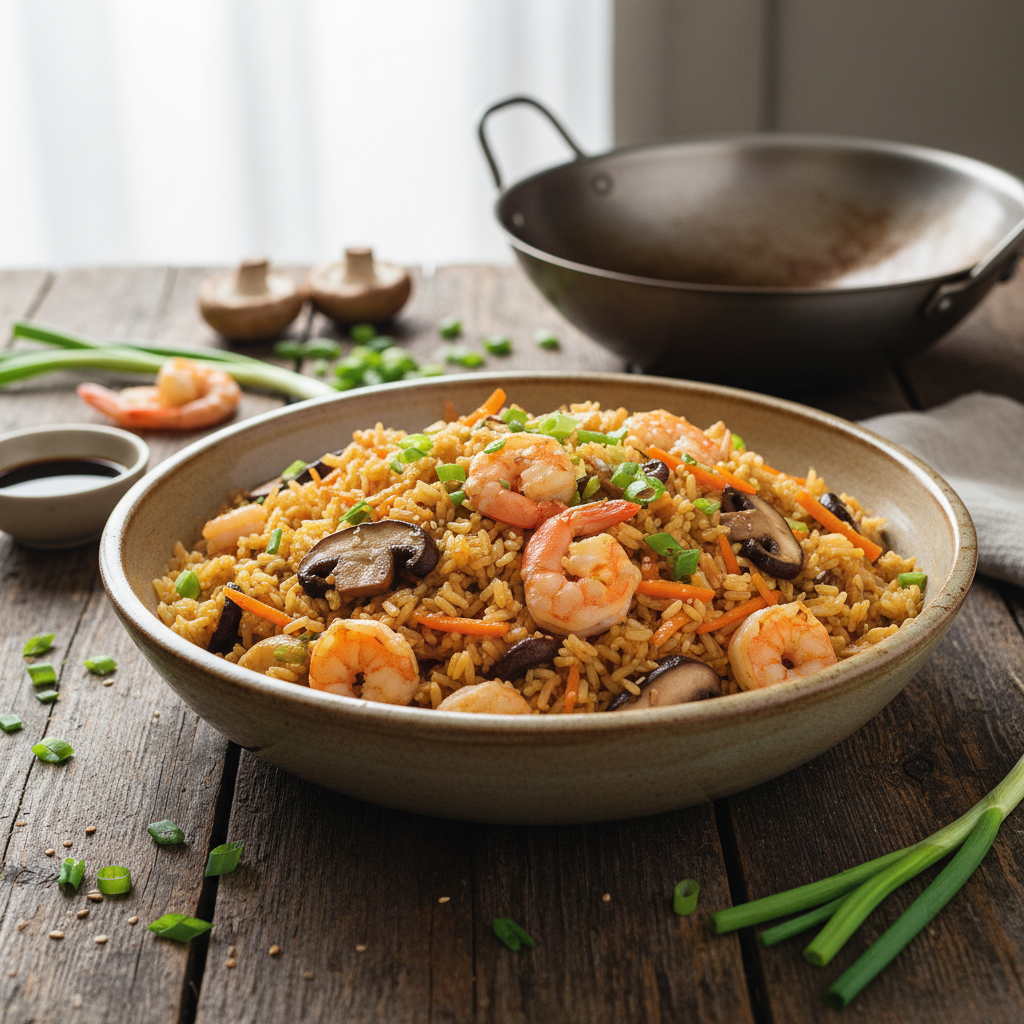 Riz sauté aux crevettes et champignons
