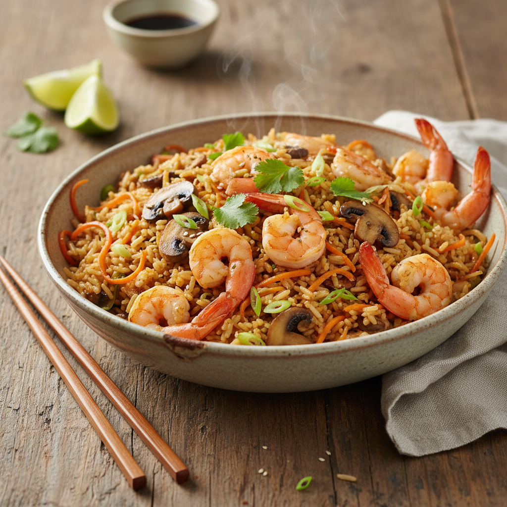 Riz Sauté aux Crevettes et Champignons