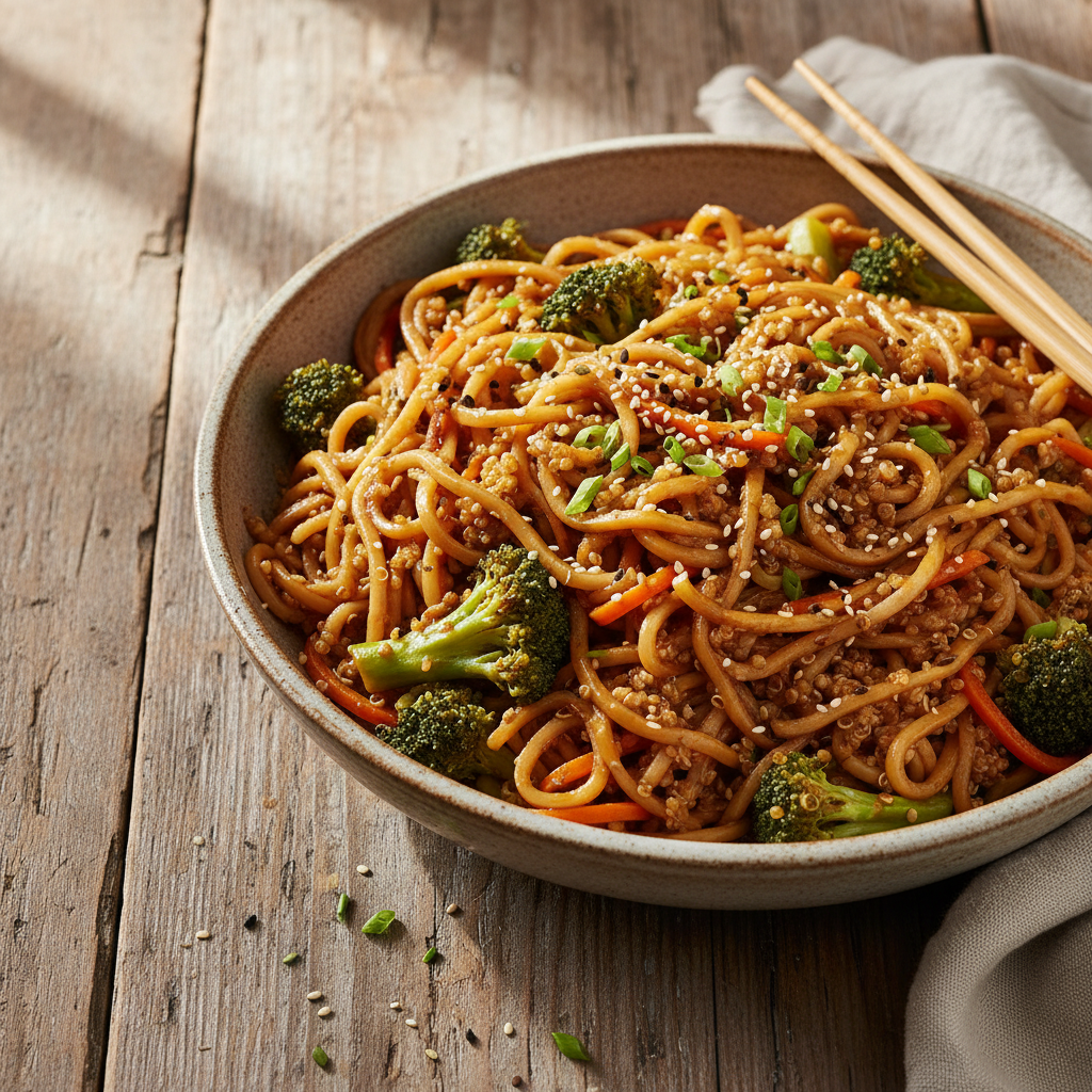 Pâtes Asiatiques Sautées au Quinoa et Légumes