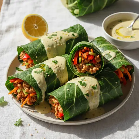 Putenwickel in Kohlblättern mit Tahini-Sauce