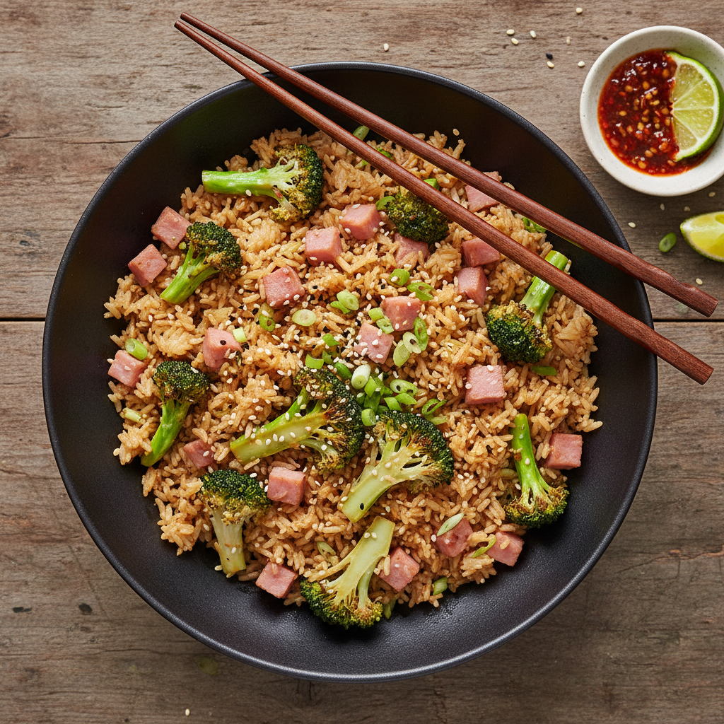 Riz sauté aux brocolis et jambon