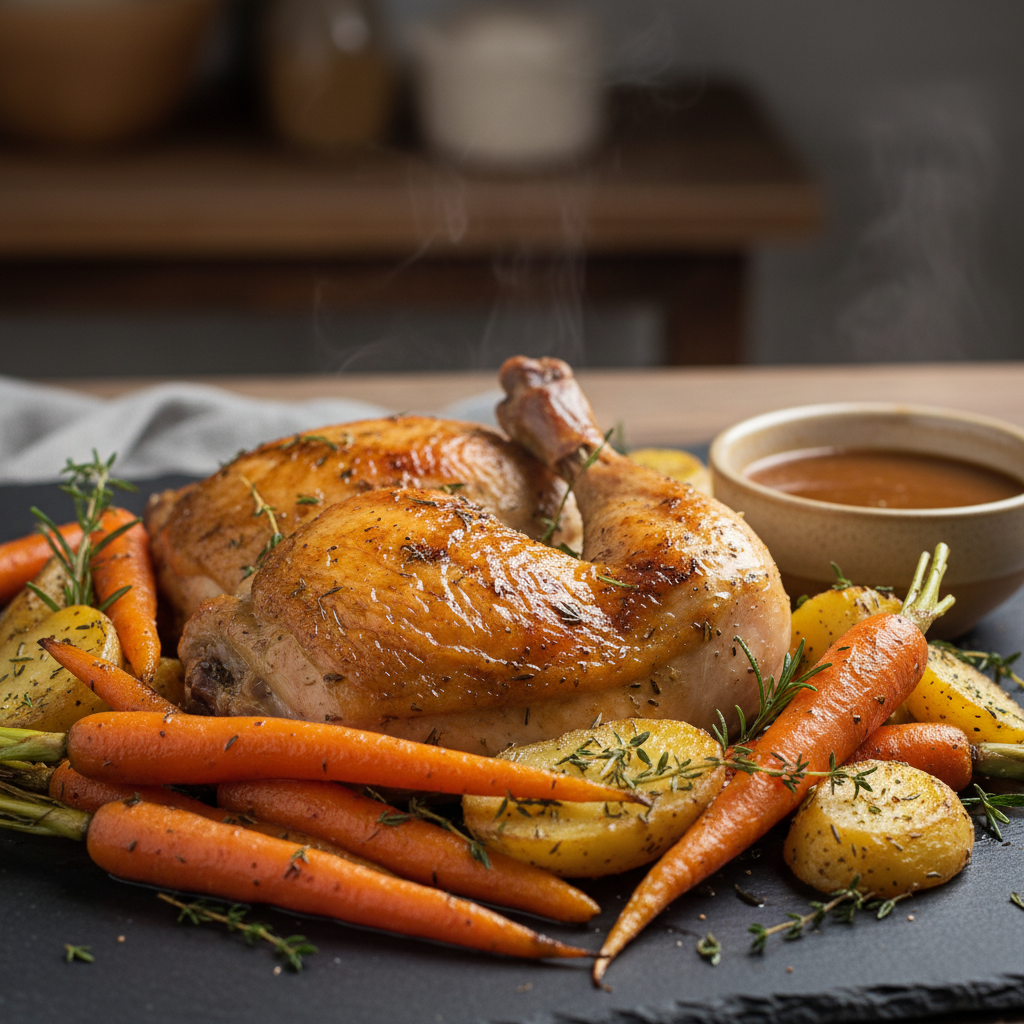 Poulet rôti aux carottes et pommes de terre