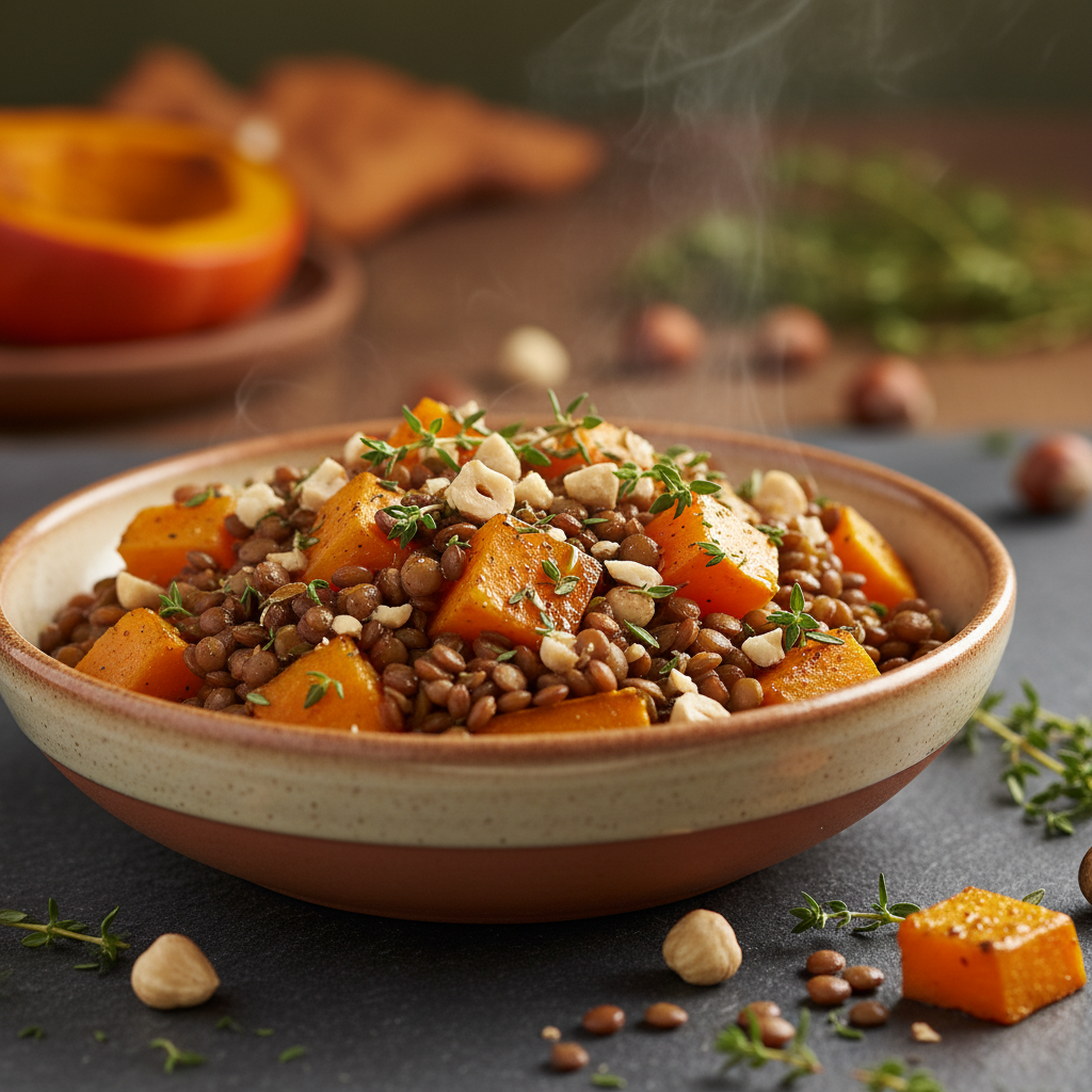 Bowl potimarron & lentilles aux noisettes grillées