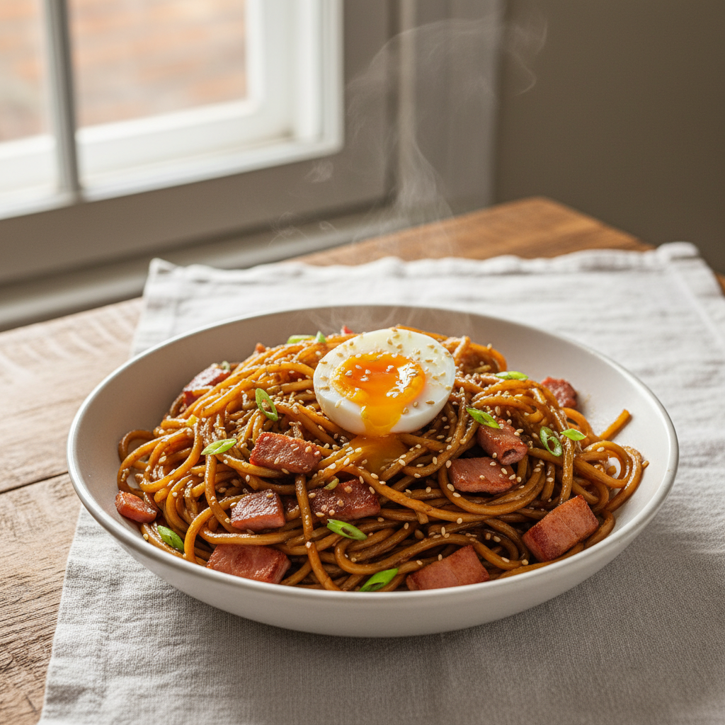 Pâtes à l'Asiatique avec Jambon, Œuf et Sauce Soja-Miel