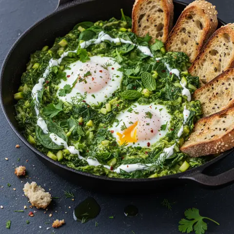Grüne Shakshuka mit Zucchini und Kräutern