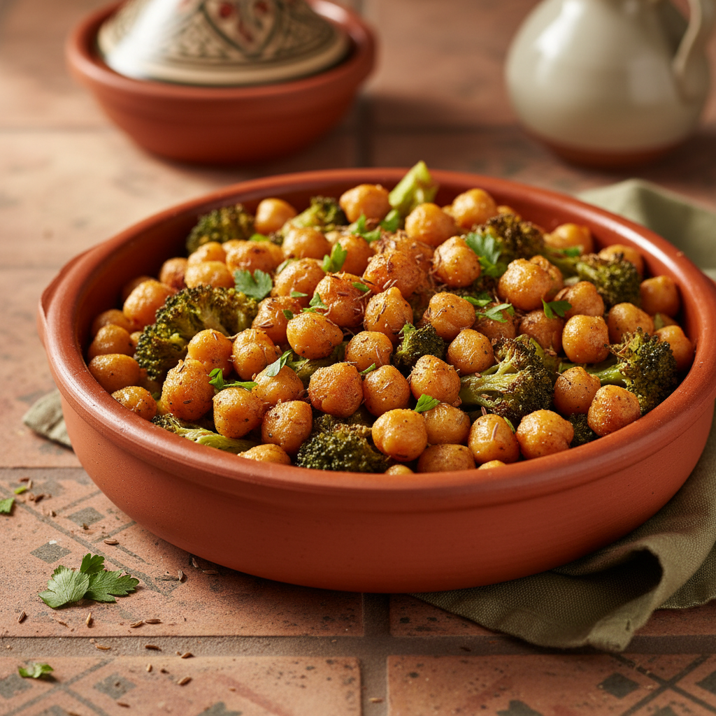 Pois chiches croustillants au four et brocoli au cumin